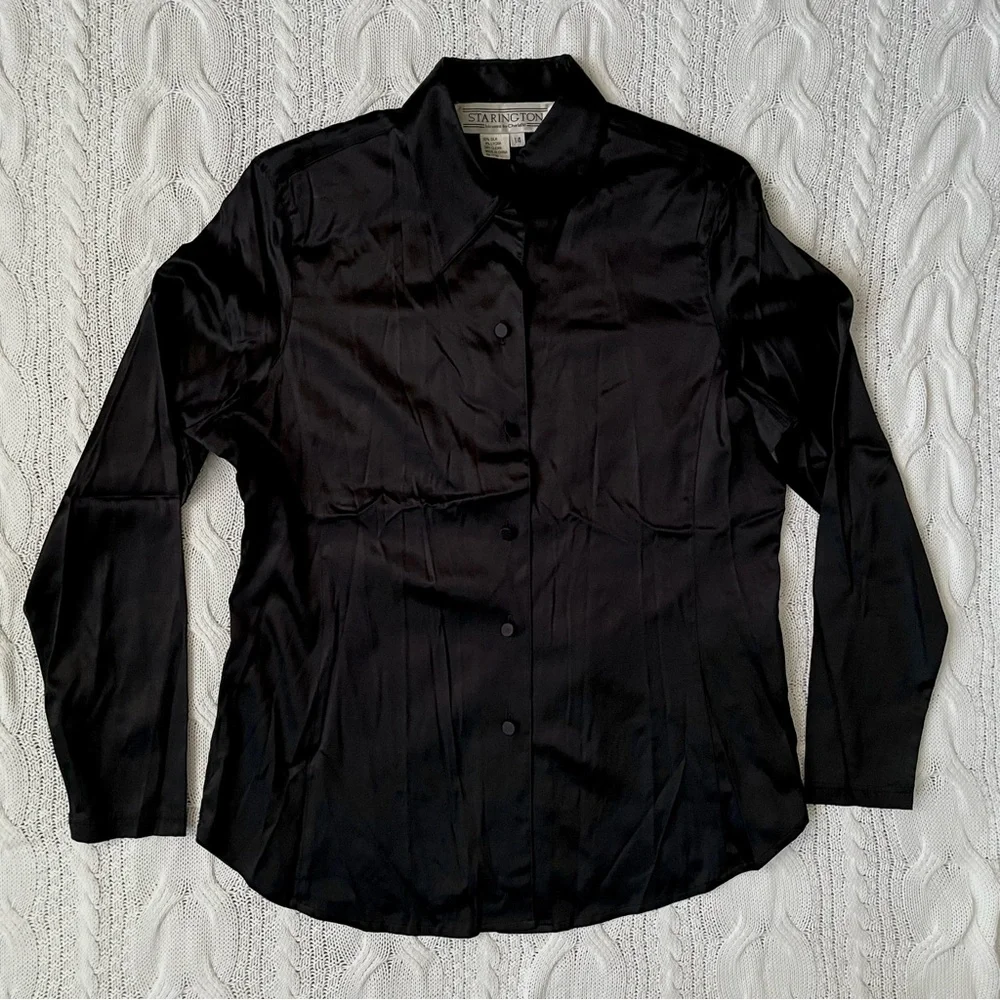 Starington Blouses by Charlotte Black Silk Button-Down Shirt Size 14 (10-12) - Picture 1 of 11
